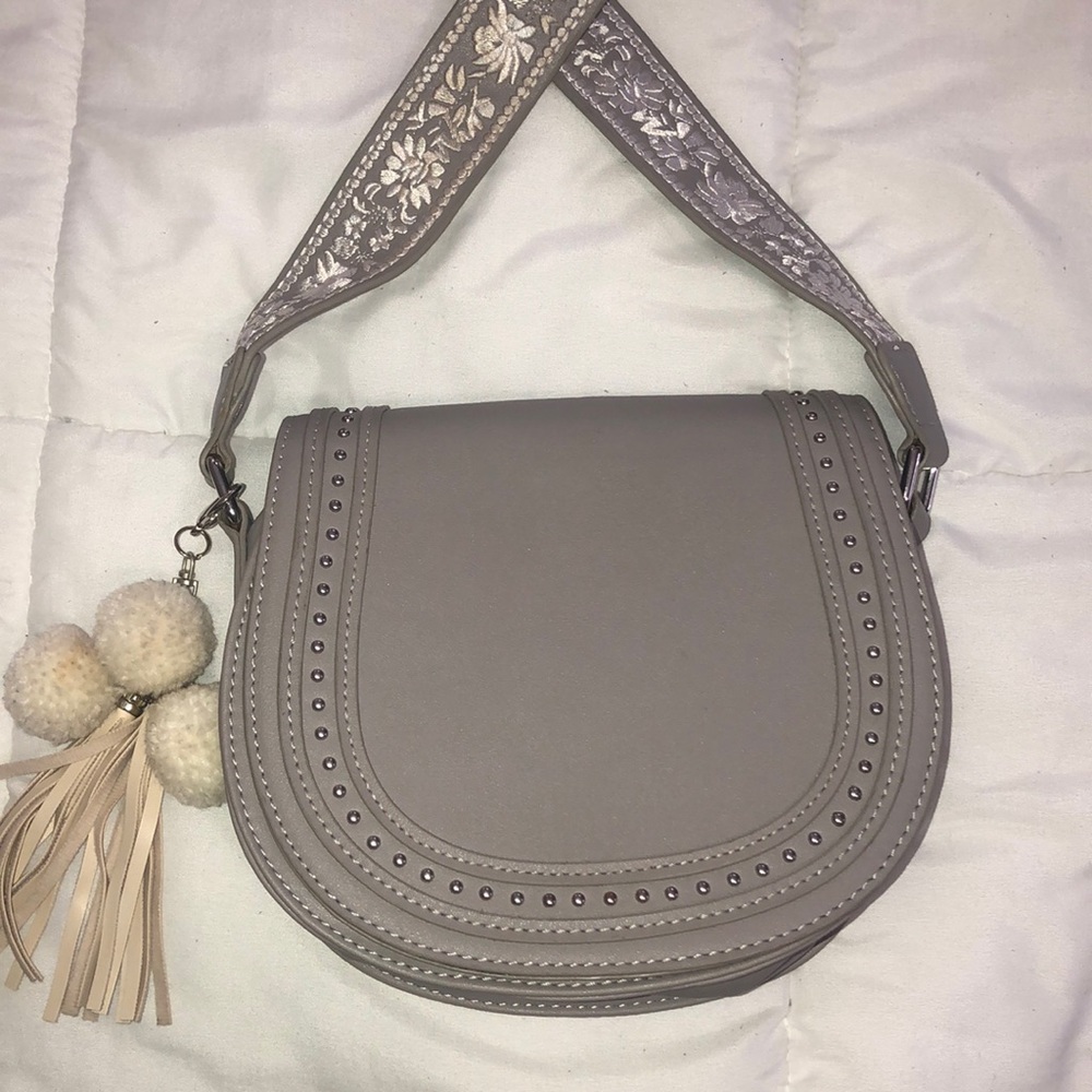 Cute Gray Purse with Floral Patterned Strap